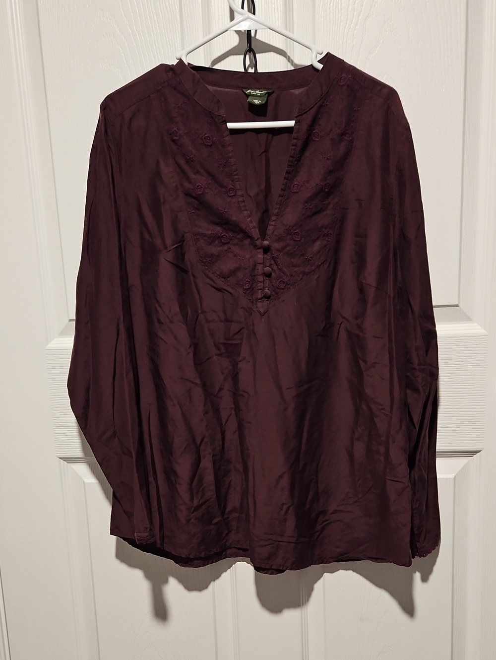 Soft V-Neck Embroidered Long-Sleeve Top - Plum